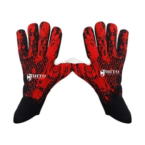 Custom Design Black and Red Knit Soccer Full Finger Goalkeeper Gloves 4mm German Latex Negative Cut with Thumb Wrap - Product Image 1