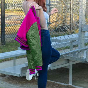 Veste courte universitaire pour femme, style bomber Letterman, rose, magenta, vert, manches en similicuir, vêtement d'extérieur décontracté, mode féminine - Product Image 3