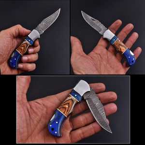 UA Supplies Excellent Quality Damascus Steel Folding <b>Knife</b> Colorful Pakka Wood <b>Handle</b> EDC Pocket <b>Knife</b> with Leather Pouch - Product Image 3