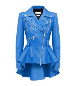 เสื้อแจ็คเก็ตหนังแท้ทรงเปปลัมสำหรับผู้หญิง หนังแกะแท้ สีน้ำเงิน ซิป ดีไซน์เนอร์แฟชั่น ฤดูใบไม้ร่วง ฤดูหนาว ระบายอากาศได้ดี พร้อมโลโก้ตัวอักษร - Product Image 1