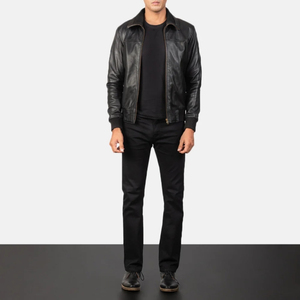 Veste moto en cuir véritable noir pour homme, col rabattu, fermeture éclair, coupe ajustée, longueur normale, style automne - Product Image 1