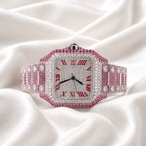 Montre mécanique en acier inoxydable avec cadran carré en cristal de saphir rose et diamants, bracelet à chiffres romains, pour un cadeau de luxe et de mode - Product Image 2