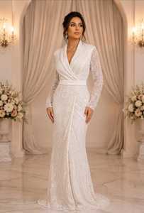 Robe de mariée vintage élégante en satin perlé, coupe trapèze, décolleté sans bretelles, longueur ras du sol, en tulle, taille naturelle, broderie de cristaux, fermeture éclair - Product Image 3