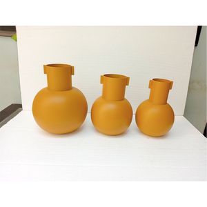 Modern Mustard Yellow Metal <b>Vase</b> <b>Set</b> Handmade Round Flower Pot for Home Decor Wholesale Nordic Style Iron Jug <b>Vase</b> for Table - Product Image 2