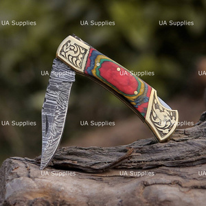 Custom Handmade Hunting Damascus Steel Straight Back <b>Lock</b> Folding Knife Leather Sheath Rainbow Wood Brass Engraved Accents OEM - Product Image 4