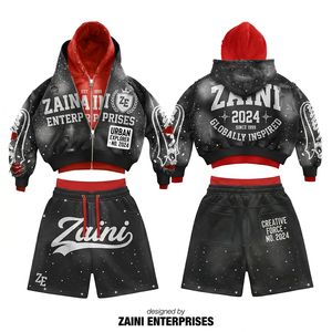 340 GSM Premium Fleece Breathable Men's Winter Pullover Hoodie Short <b>Set</b> Black Red Panel Streetwear - Product Image 1