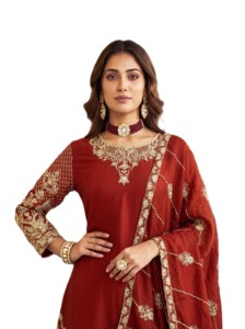 Elegant Look Heavy Embroidery Traditional Pattern Stitched Chinon Silk Pakistani Designer Salwar Kameez Coordinating Dupatta - Product Image 3