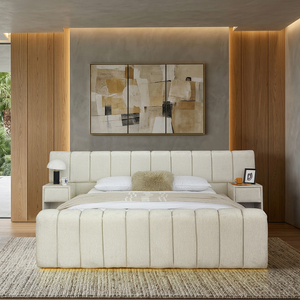 Elegant Modern Boucle Upholstered <b>Bed</b> <b>Frame</b> Luxury <b>Platform</b> <b>Bed</b> with Soft Fabric Headboard Bedroom Furniture - Product Image 2