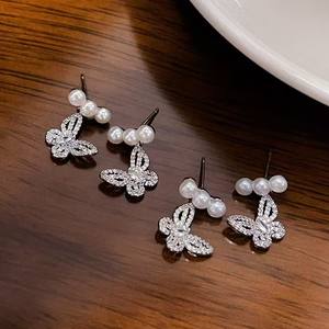 2025 New High-End Luxury Silver <b>Dangle</b> <b>Earrings</b> for Women Full Diamond Hollow Butterfly <b>Pearl</b> Unique Fashion Accessory - Product Image 2