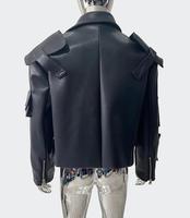 Blouson moto homme noir en cuir PU imperméable, col montant, fermeture à bouton unique, coupe ajustée, longueur standard, devant uni, hiver