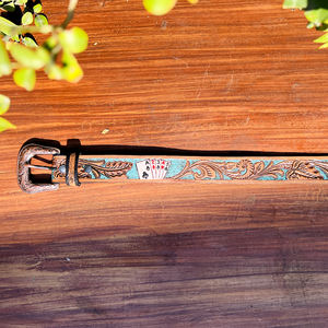 Ceinture en cuir Western Casino avec cuir peint de couleur turquoise travaillé à la main, ceinture Western - Product Image 5