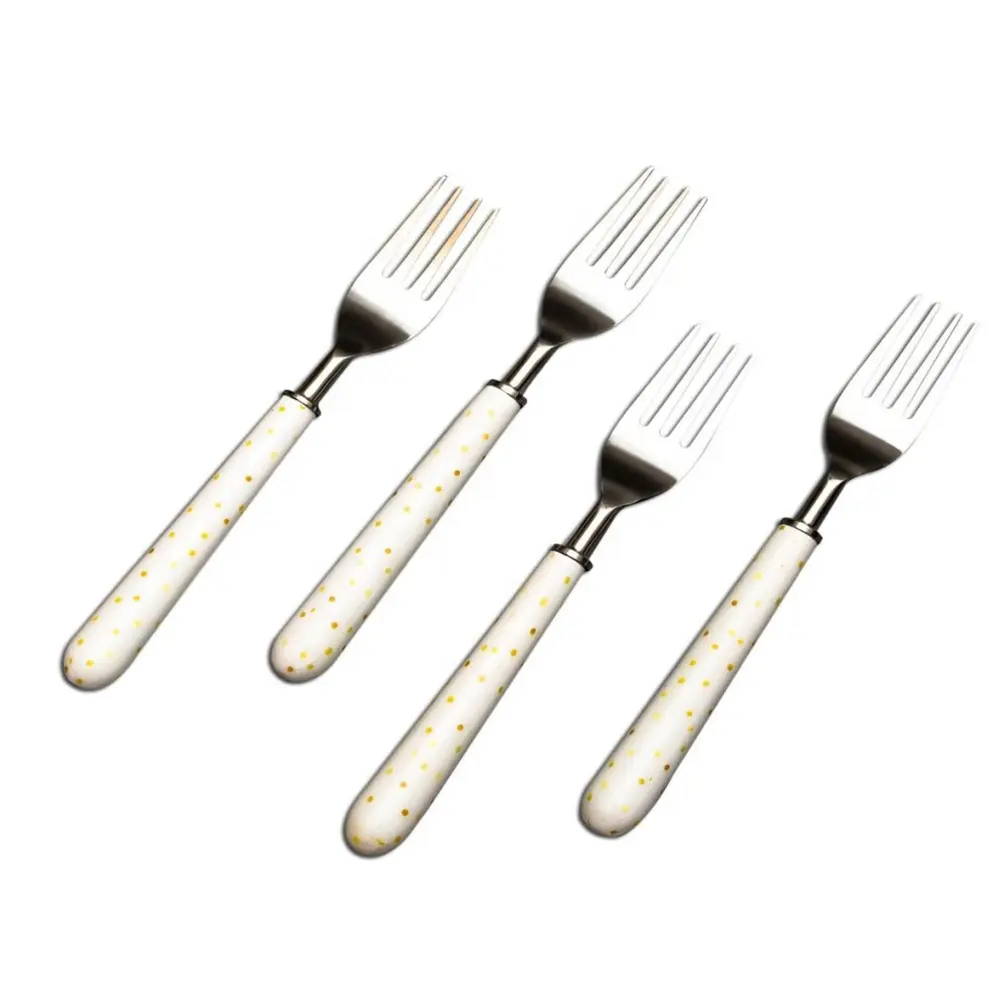 In Acciaio Inox Argento Finito Cena Forcella Set Resina Bianca Punteggiato Set Forchetta Decorativi Fatti A Mano Set di Posate