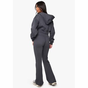 Ensemble de survêtement 2 pièces gris foncé pour femme, haut court et pantalon long, fermeture éclair, coupe ample, vêtements de sport décontractés, toutes saisons - Product Image 2