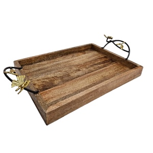 Highest Quality Brown Wood <b>Tray</b> With Gold Leaf Accent Handle <b>Kitchen</b> Decorative Food Serving <b>Tray</b> Platter Wholesaler Supplier - Product Image 1