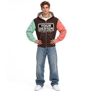 Sudadera con capucha y cremallera para hombre, personalizada, de algodón pesado, con bloques de color, efecto desgastado, bordada, estilo urbano, informal y de moda. - Product Image 1