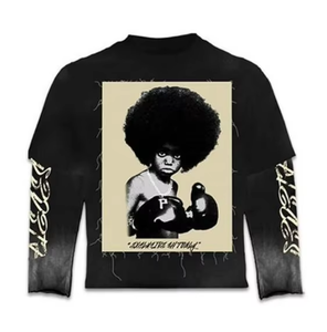 Camisetas de Manga Larga con Doble Capa y Efecto Desgastado por el Sol, Estilo Hip Hop, 280 Gramos, Tejido de Cuello Redondo con Estampado Solar - Product Image 1