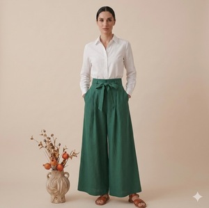 Robe d'été en coton pour femme, pantalon large en lin vert taille haute avec ceinture et poches, coupe ample, tissu respirant, pour usage quotidien - Product Image 5