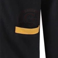 Cardigan noir en tricot pour sororité/fraternité, col en V, manches longues, en coton, avec bordure jaune, fermeture boutonnée, tenue universitaire pour collège.
