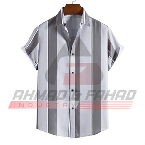 Men's Short Sleeve Striped Casual Shirt Woven Regular Fit Grey white Pattern Button <b>Down</b> Collar - Product Image 1