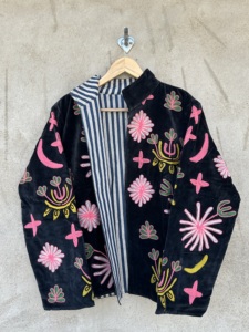 Chaqueta Bomber de Mujer Estilo Boho, Bordada con Flores de Terciopelo, Hecha a Mano, para Invierno/Otoño, Manga Larga, Ecológica - Product Image 1