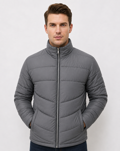 Men's Grey Quilted Puffer Jacket Stand Collar Zipper Closure Windproof Polyester Winter Casual <b>Coat</b> - Product Image 3