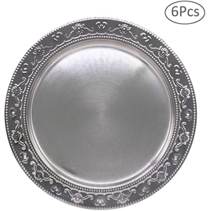 Assiette de présentation ronde en métal argenté gravé pour événements de restauration, dîners et mariages - Product Image 1