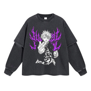 Camiseta de manga larga negra extragrande para hombre, estilo streetwear, con estampado de llamas moradas de personaje de anime, cuello redondo - Product Image 1