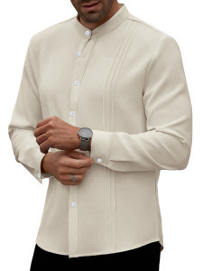 Men's White <b>Mandarin</b> <b>Collar</b> Long Sleeve Casual <b>Shirt</b> With Ship Print Digital Printing Poplin Fabric Breathable Spring Style - Product Image 2