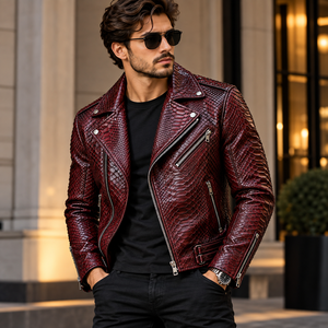 Mens <b>Burgundy</b> Embossed Breathable Snake Skin <b>Leather</b> Biker <b>Jacket</b> Stylish Streetwear Motorcycle Outerwear Fashion - Product Image 2