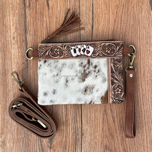 Western Tooled Leather Wristlet Mini Crossbody Aces Bag for Women's Genuine Leather Leather Tassel Pouch Cowhide Floral Handbag - Product Image 3