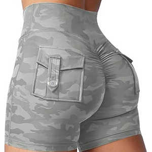 Shorts Deportivos de Yoga para Mujer, Cintura Alta, Color Gris Camuflaje, Estilo Cargo, Ajustados, Levanta Glúteos, Bolsillos con Botones, Secado Rápido - Product Image 2