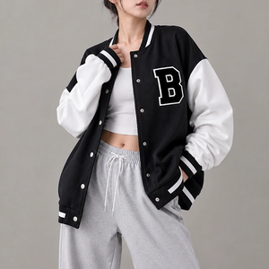 Purple Varsity <b>Jacket</b> With White Sleeves Embroidered Letter S Button Closure Regular Length Autumn Wear - Product Image 5