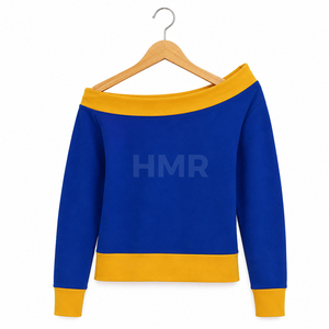 Sweat-shirt à épaules dénudées HMR Sorority Sisterhood, color-block bleu et jaune, manches longues, haut décontracté en tricot - Product Image 5