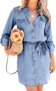 Vestido Camisero de Mezclilla para Mujer, Manga Corta, Cuello con Botones, Bolsillos, Algodón Lavado, Estilo Casual para Uso Diario, Primavera/Verano - Product Image 4