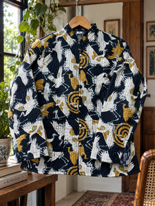 Handmade <b>Lightweight</b> Bird/Crane Print Cotton Quilted <b>Jacket</b> | Black <b>Womens</b> Short Coat | Boho Casual Autumn Outerwear | - Product Image 5
