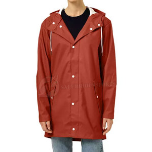 Imperméable long unisexe rouge avec capuche, fermeture à boutons et poches, coupe classique, pour activités de plein air - Product Image 6
