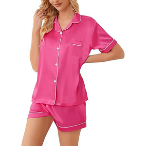 \Pink Satin Short Sleeve <b>Pajama</b> Loose Fit Women Night <b>Suit</b> Short Sleeve Crew Neck Shorts Set Elastic Waist Home - Product Image 2