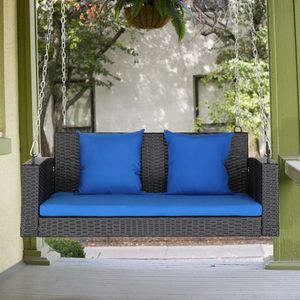 Sedia a dondolo da giardino in rattan nero da 49 pollici con cuscino blu per uso esterno - Product Image 2