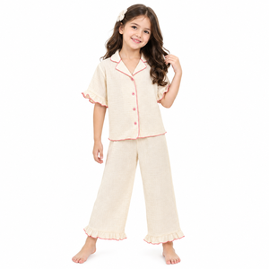 Ensemble pyjama d'été crème pour filles, haut boutonné à manches courtes et pantalon large, tenue de nuit deux pièces 100% polyester, vente en gros - Product Image 1