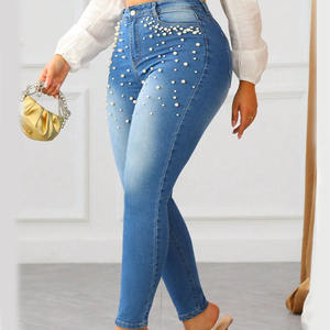 Nuevos Jeans de Mezclilla de Cintura Alta y Pierna Ancha para Mujer, con Adornos de Perlas en Toda la Superficie, para un Estilo Chic y Moderno a Bajo Precio - Product Image 5