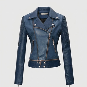 Chaqueta de moto de piel sintética con bloques de color para mujer, cuello alto, manga larga, cierre de cremallera, longitud regular, estilo biker de otoño - Product Image 5