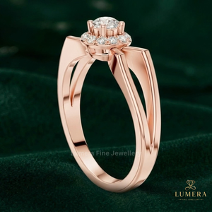 Timeless Lab Grown Round Brilliant Cut Diamond <b>Ring</b> With Sparkling Halo Setting, <b>Split</b> Plain Gold Shank Minimalist <b>Ring</b> For Her - Product Image 3