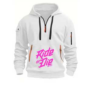 Sudadera con capucha y media cremallera para hombre, corte regular, de algodón tejido, con diseño de bolsillo y estampado 'Ride Or Die', estilo casual para otoño - Product Image 1