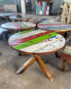 Mesa de Comedor Redonda de Madera de Teca Sólida Hecha a Mano, Patas Cruzadas, Multicolor, Rústica, Antigua, para 4 Personas, Muebles para el Hogar, Venta al por Mayor, Reciclada - Product Image 2