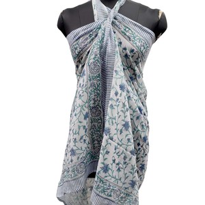 Blue Floral Hand Block Printed Cotton Sarong Scarf with Paisley Border Lightweight <b>Beach</b> <b>Wrap</b> Stole for Women - Product Image 2