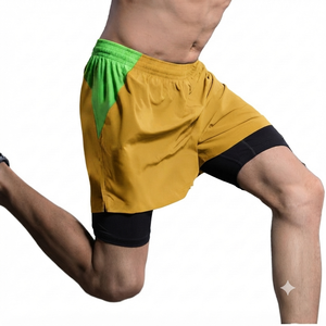 Trendy 2026 Men Mustard <b>Athletic</b> Workout Shorts Ribbed Gym Casual Running Pockets Contrast Wholesale Oxford Fabric High Waist - Product Image 1