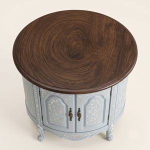 Table de chevet ronde artisanale en nacre bleu clair avec incrustation florale élégante, mobilier de luxe pour chambre à coucher - Product Image 3