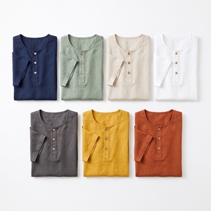 <b>Men's</b> Summer Linen <b>Henley</b> <b>Top</b> | Breathable Casual Button Neck Tee | OEM ODM Wholesale Factory | Private Label | Low MOQ - Product Image 2