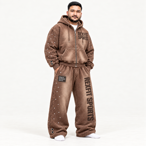 Custom Unisex <b>Vintage</b> Washed Zippered Hoodie and Wide Leg Sweatpants Set <b>French</b> Terry Graphic Printing and Custom Labels - Product Image 2