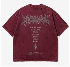 เสื้อยืดกราฟิกสไตล์วินเทจประดับเพชรเทียมทรงโอเวอร์ไซส์สำหรับผู้ชาย ลุคสตรีทแวร์แบบทำสีซีดขาดๆ ผ้าคอตตอนหนานุ่ม สไตล์ Y2K แฟชั่นลำลอง - Product Image 2